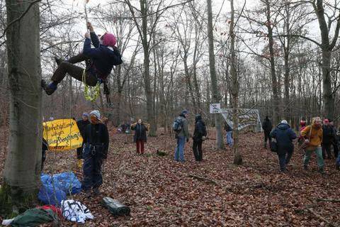 Umweltaktivisten besetzen im Treburer Oberwald Bäume, um deren Rodung zu verhindern.     Foto: Hans Dieter Erlenbach  Foto: Hans Dieter Erlenbach