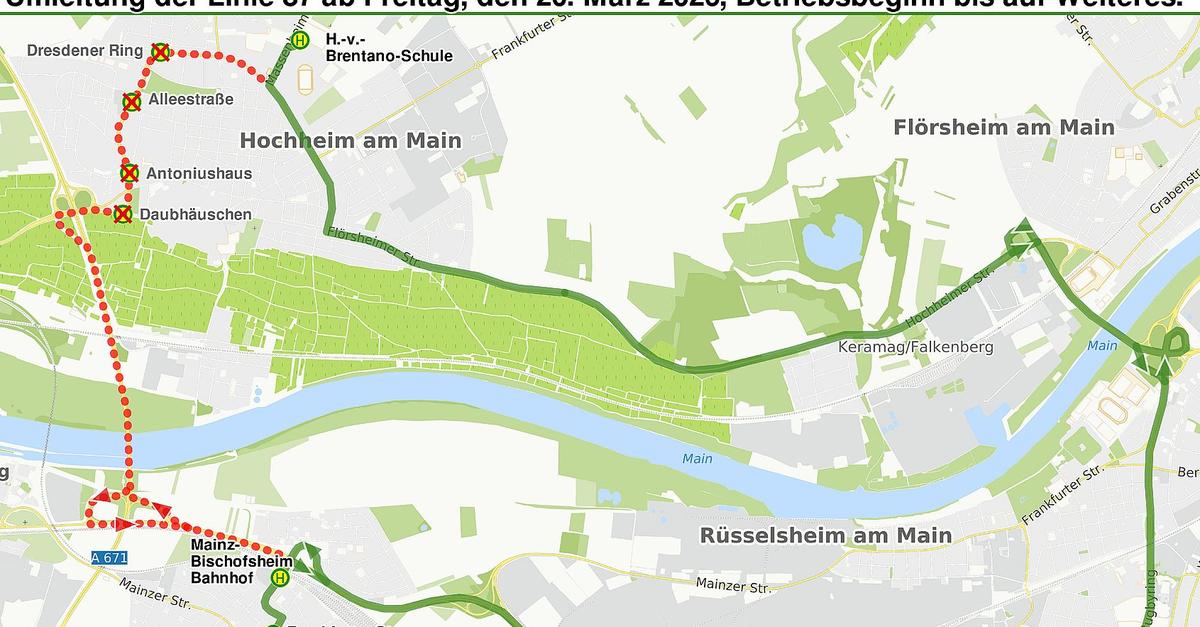 Buslinie 87 zwischen Bischofsheim und Hochheim wird großräumig umgeleitet