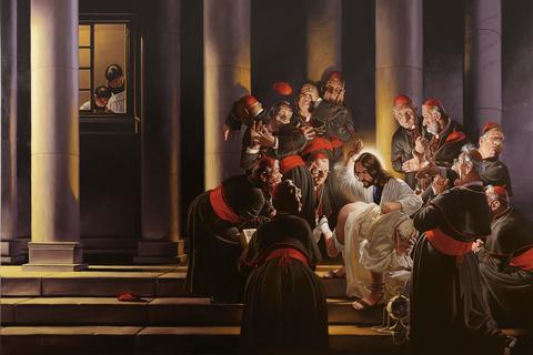 „Messias im Vatikan” ist dieses Gemälde von Gerhard Haderer in der Schau des Caricatura-Museums überschrieben – am Hell-Dunkel-Kontrast kann man gut erkennen, woher der Vergleich mit Caravaggio  rührt.