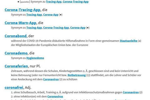 Welche Corona-Wörter gibt es und wie werden sie verwendet? Das digitale Verzeichnis des Wortschatzes gibt Auskunft. Screenshots: VRM 