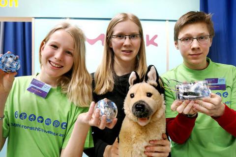Sophie Zercher, Caroline Schmidt und Niklas Dietzel (v.l.) vom Schuldorf Bergstraße aus Seeheim-Jugenheim  haben intelligentes Spielzeug für Hunde entworfen.   Foto: Andreas Kelm 