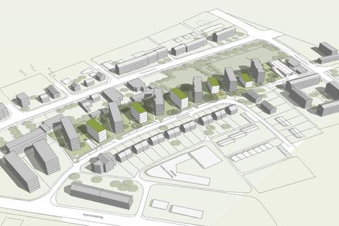 Das ist der Plan: Zwischen die Altbauten (graue Blöcke) an der Heinestraße werden neue gestellt (grüne Blöcke). Visualisierung: Vonovia 