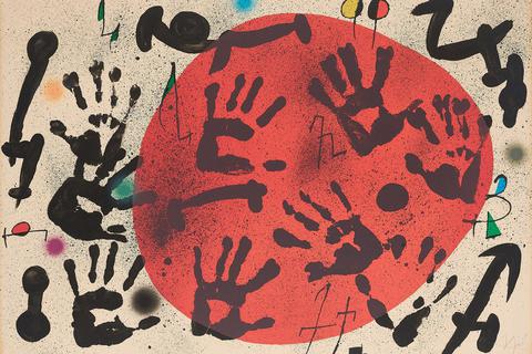 Handzeichen der Kreativität: Ein Werk von Joan Miró aus dem Jahr 1973 steht auf Plakaten symbolisch für die Ausstellung "Urknall der Kunst" in Darmstadt.