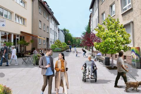 Ein Wunschbild der „Heinerblocks“-Aktivisten: eine Wohnstraße ohne Durchgangsverkehr, mit viel Platz fürs Spielen, Spazieren, Zusammensein.       Visualisierung: Heinerblocks