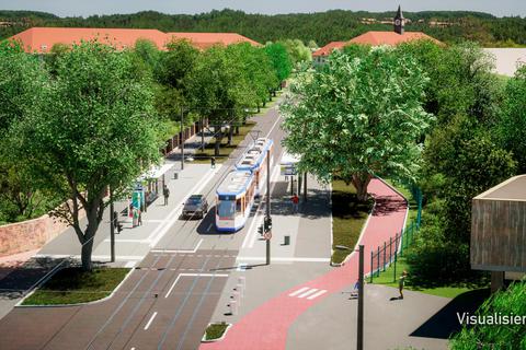 Ein Blick in die Zukunft: Hier sieht man, wie in der Ludwigshöhstraße Haltestelle und Radweg vor Kita und Luo verlaufen würden. 