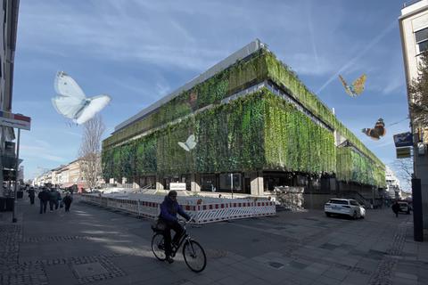 Grüner geht's nicht: Auf der Betonfassade des Karstadt-Kaufhauses könnten massenhaft kühlende Pflanzen wachsen, so die Idee eines Darmstädter Architektinnen-Büros.