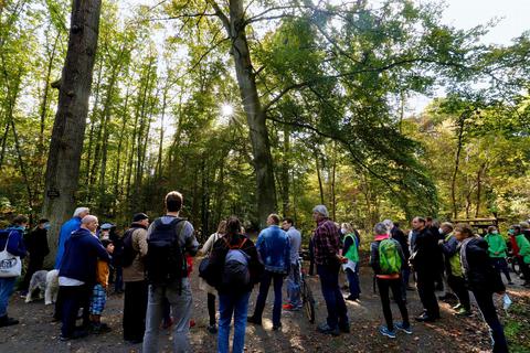 Bürger protestieren am Samstag gegen die Fällung von mehreren über 100 Jahre alten Buchen am Waldkunstpfad. Foto: Andreas Kelm 