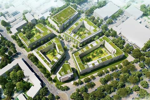 Der Darmstädter Messplatz soll unter dem Namen „Grüner Salon“ bebaut werden - hier eine Visualisierung des aktuellen Planungsstandes.  Bild: Planquadrat/Bauverein