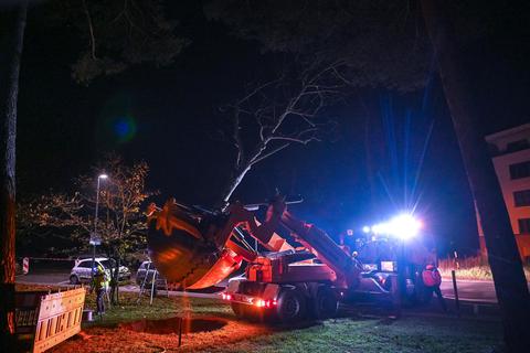 Ein Spezialfahrzeug gräbt den Baum samt Wurzeln aus, der anschließend zur Lincolnsiedlung transportiert wird. Foto: Dirk Zengel
