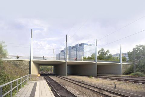 So soll sie am Ende dastehen, die neue Rheinstraßenbrücke, moderner und 17 Meter breiter: Die Visualisierung zeigt eine Ansicht von Norden. Bild: Knight Architects 