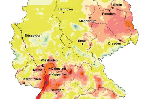 Hotspot Darmstadt. Die Klimakarte des Deutschen Wetterdienstes für das vergangene Jahrzehnt zeigt, dass die Stadt in der wärmsten Region Deutschlands liegt Grafik: DWD