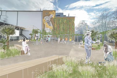 Es grünt so grün: So könnte das Hoffart-Gelände zwischen Parktheater und Bundesstraße aussehen, wenn das Urban-Gardening-Konzept mit Spiel- und Veranstaltungsmöglichkeiten umgesetzt wird.  Visualisierung: GDLA © 