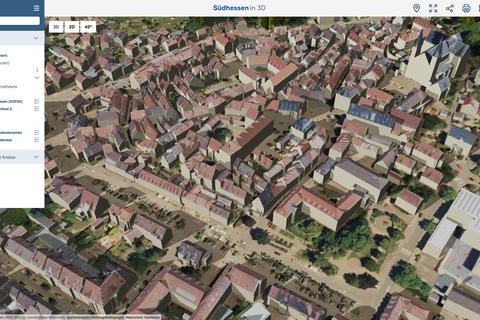 Heppenheim digital: Das Programm "Südhessen in 3D" zeigt hier die Altstadt, im Vordergrund ist der Graben zu erkennen, rechts unten die Martin-Buber-Schule, rechts oben die Kirche St. Peter.
