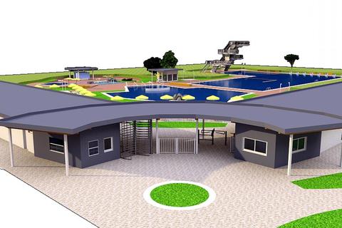 Neue Gebäude, neue Schwimmbecken: So soll das Dieburger Freibad aussehen, wenn es voraussichtlich 2024 offiziell eröffnet wird. Erhalten bleibt der Zehn-Meter-Sprungturm, der unter Denkmalschutz steht (im Hintergrund). Grafik: Architekturbüro Michael Gruner