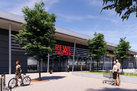 So soll der Neubau des Rewe-Centers an der Flughafenstraße in Griesheims Südosten einmal aussehen. Der alte Markt wird abgerissen. Visualisierung: Feldmann Architekten