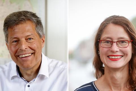 Bürgermeister Geza Krebs-Wetzl (CDU) und seine Herausforderin Maria-Christina Nimmerfroh (unabhängig).  