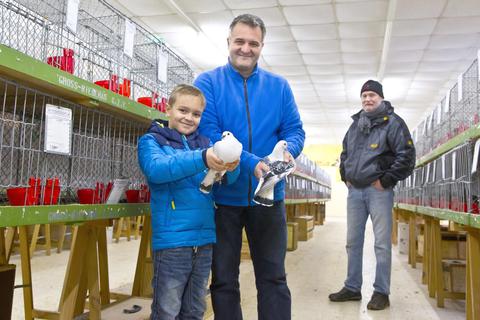 Der Vorsitzende des Kreisverbandes, Dr. Jens Herbert, mit Sohn Ben, bei der Kreisgeflügelschau im Januar mit ihren Tauben. Im Hintergrund Willi Dörr. © Archivfoto: Ulrike Bernauer