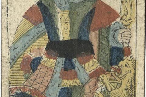 Diese historische Spielkarte mit der Darstellung des Kreuzkönigs tauchte überraschend in einem alten Pfungstädter Gerichtsbuch aus dem 18. Jahrhundert auf. Archivfoto: Stadt Pfungstadt