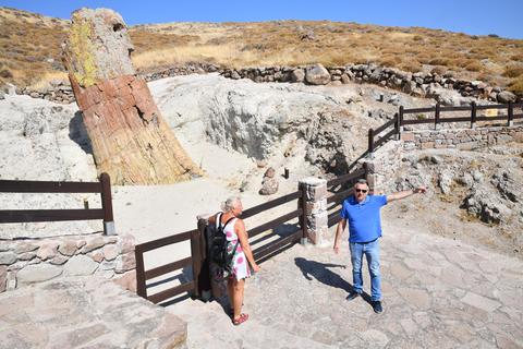 Mit Ilías Valiákos vom Team des Lésbos-Geoparks im versteinerten Wald auf der griechischen Insel. Foto: Klaus Holdefehr