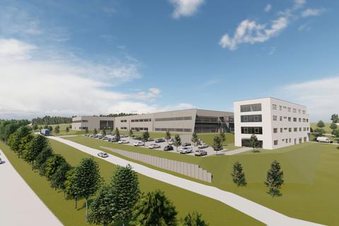 Diese Visualisierung zeigt, wie der neue Gebäudekomplex der Datron AG am Standort in Ober-Ramstadt auf der Gewerbefläche „Pomawiese 3” aussehen wird.  