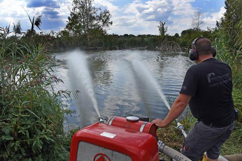Rettungsmission Reinheimer Teich: Bauhofmitarbeiter Jan Buhmann führt dem Gewässer Sauerstoff zu, indem Wasser aus dem Teich angesaugt und wieder hineingepumpt wird. Foto: Ursula Friedrich