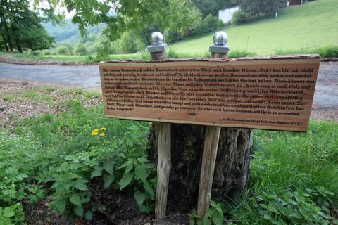 Eine Holztafel, die anonym am Waldrand bei Steigerts aufgestellt worden ist, soll an die Baumfällungen erinnern.Foto: Karl-Heinz Bärtl  Foto: Karl-Heinz Bärtl