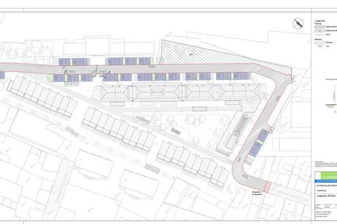 Der Lageplan zeigt die geplanten 38 Wohneinheiten im Baugebiet „Alter Bahnhof“. Oben links ist der Wasserturm. Grafik: W&L Wohnen und Leben AG