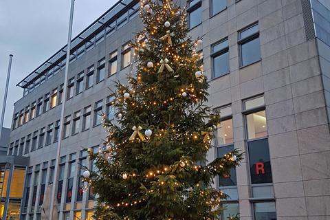 Vor dem Walldorfer Rathaus wird es trotz steigender Energiepreise wohl wieder einen Weihnachtsbaum geben. © Archivfoto: Stadt