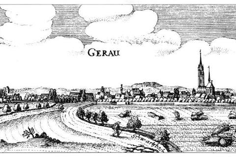 Der 1655 herausgegebene Merian-Stich zeigt Groß-Gerau vor den Verwüstungen im Dreißigjährigen Krieg. Links ist die Dornburg zu erkennen, rechts ragt der Turm der Stadtkirche in den Himmel.  Beim vermeintlichen Schwarzbach im Vordergrund handelt es sich tatsächlich um einen Ackerweg. Aus der Zeit der Stadtrechtsverleihung 1398 sind keine Gebäude erhalten.