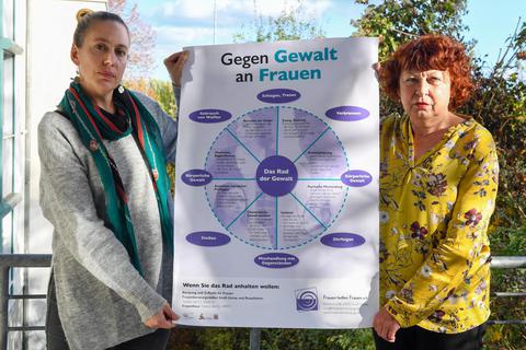 Lena Taslaman und Gisela Steinhauser vom Groß-Gerauer Verein „Frauen helfen Frauen“ präsentieren das Plakat „Das Rad der Gewalt“. 2021 gab es im Kreis 511 Strafanzeigen wegen häuslicher Gewalt. © Samantha Pflug