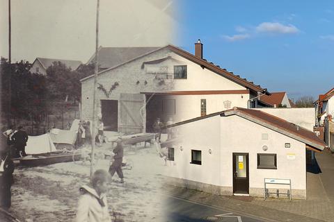 Die Rheingoldhalle vor 75 Jahren und jetzt. Fotomontage: SKG Erfelden 