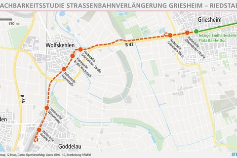 Machbarkeitsstudie Straßenbahnverlängerung von Griesheim nach Riedstadt. Grafik: vrm/kl