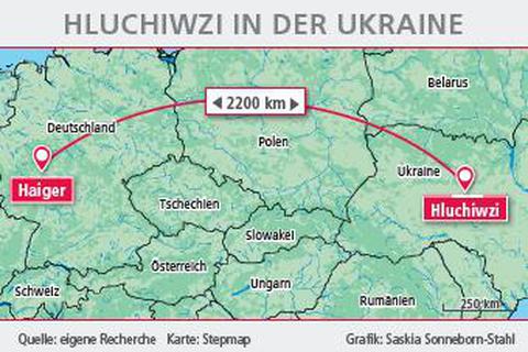 Im Jahr 1595 gegründet: Hluchiwzi hat rund 3300 Einwohner und liegt etwa 200 Autokilometer südwestlich der ukrainischen Hauptstadt Kiew.  Grafik: Sonneborn-Stahl 