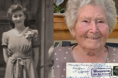 Wilhelmine Partenheimer: rechts heute mit ihrer 1940 geschriebenen Postkarte, links noch als "Minchen" Schanz. Foto: Heidi Sturm/Collage vrm