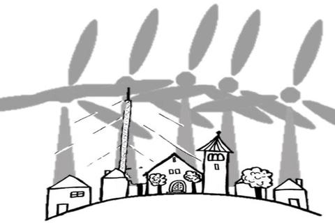Das Logo der IG Keine Windkraft Würzberg stilisiert die als bedrohlich empfundene Wucht der Windkraftanlagen im Vergleich mit der „Skyline“ des Dorfes.Repro: Hans-Dieter Schmidt  Foto: 