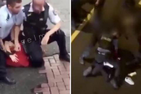 Links: Ein Polizist kniet in Düsseldorf auf Kopf und Nacken eines jungen Mannes. Rechts: In Frankfurt wurde ein auf dem Boden liegender Mann von Polizisten getreten. Screenshots: VRM