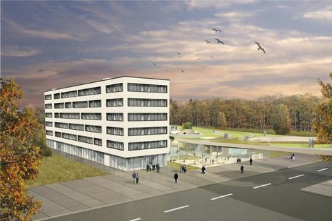 Rechts neben dem Bürogebäude: Das geplante Besucherzentrum mit der Brücke über die Robert-Bosch-Straße hinüber zum alten Esoc-Gelände. Computergrafik: ESA