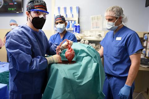 Ärzte operieren an einem Schweineherz das in einen menschlichen Patienten eingesetzt wird. Ein Transplantationsteam in den USA hat nach eigenen Angaben erstmals ein genetisch modifiziertes Schweineherz an einen menschlichen Patienten angeschlossen. Das Organ sei einem 57-jährigen Mann mit einer lebensgefährlichen Herzkrankheit am Freitag in einer Klinik in Baltimore (Maryland) eingesetzt worden. Foto: dpa