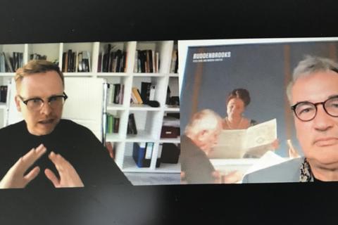 In einem Video der Aktion #allesaufdentisch interviewt Uwe Eric Laufenberg (rechts) Prof. Dr. Markus Gabriel (links) zum Thema Wahrheitsdefinition.  Screenshot: VRM