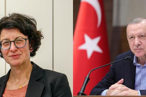 Biontech-Vorständin Özlem Türeci (links) und der türkische Staatschef Recep Tayyip Erdogan. Foto: Stefan Sämmer, dpa, canva