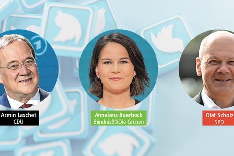 Wer von den drei Kanzlerkandidaten wird besonders oft auf Twitter erwähnt – und wer nicht? Daten dazu liefert das Projekt “Zahlen zur Wahl”.   Fotos: dpa/natanaelginting – stock.adobe.com/ Montage: VRM/sb