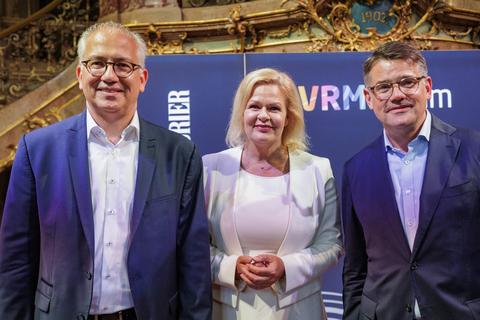 VRM-Triell zur Landtagswahl in Hessen mit (von links) Tarek Al-Wazir (Grüne), Nancy Faeser (SPD) und Boris Rhein (CDU). 